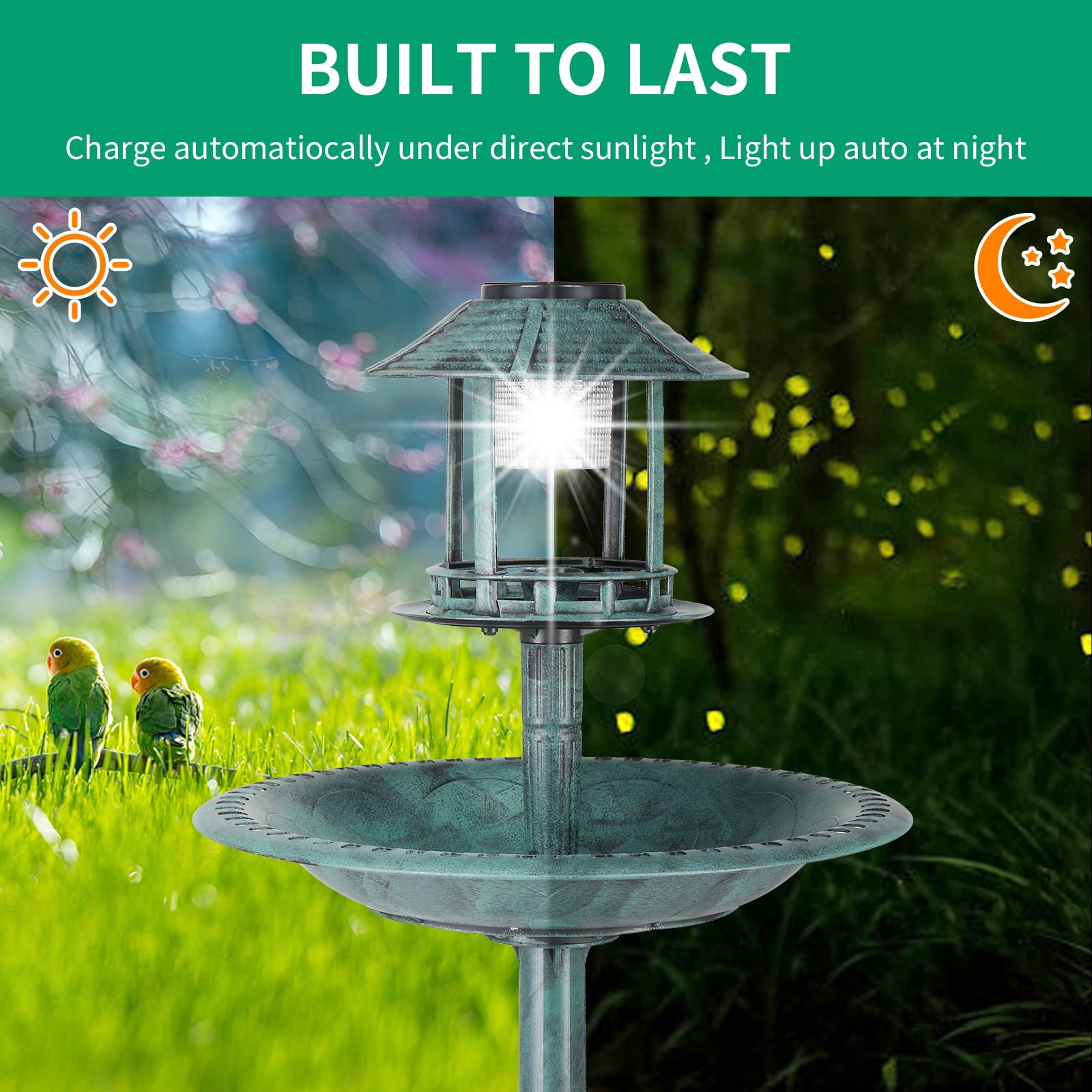 UBesGoo 42 Inch Bird Bath with Solar Light Dark Green