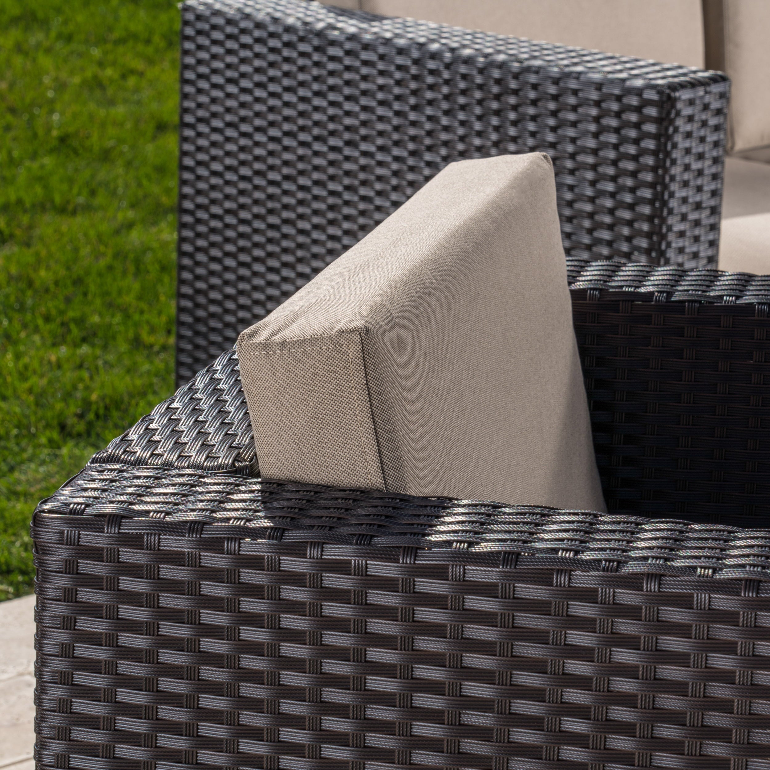 Cascada Outdoor 7 Piece Wicker V-Shaped Sectional Sofa Set with Cushions, Dark Brown, Beige