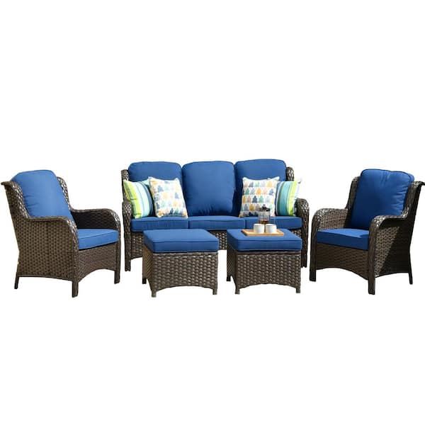 New Kenard Brown 5-Piece Wicker Outdoor Patio Conversation Seating Set with Navy Blue Cushions