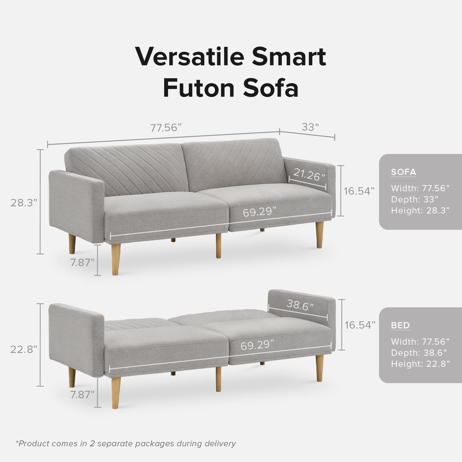 Mopio Chloe Futon Sofa Bed Convertible Sleeper Sofa with Tapered Legs Light Gray