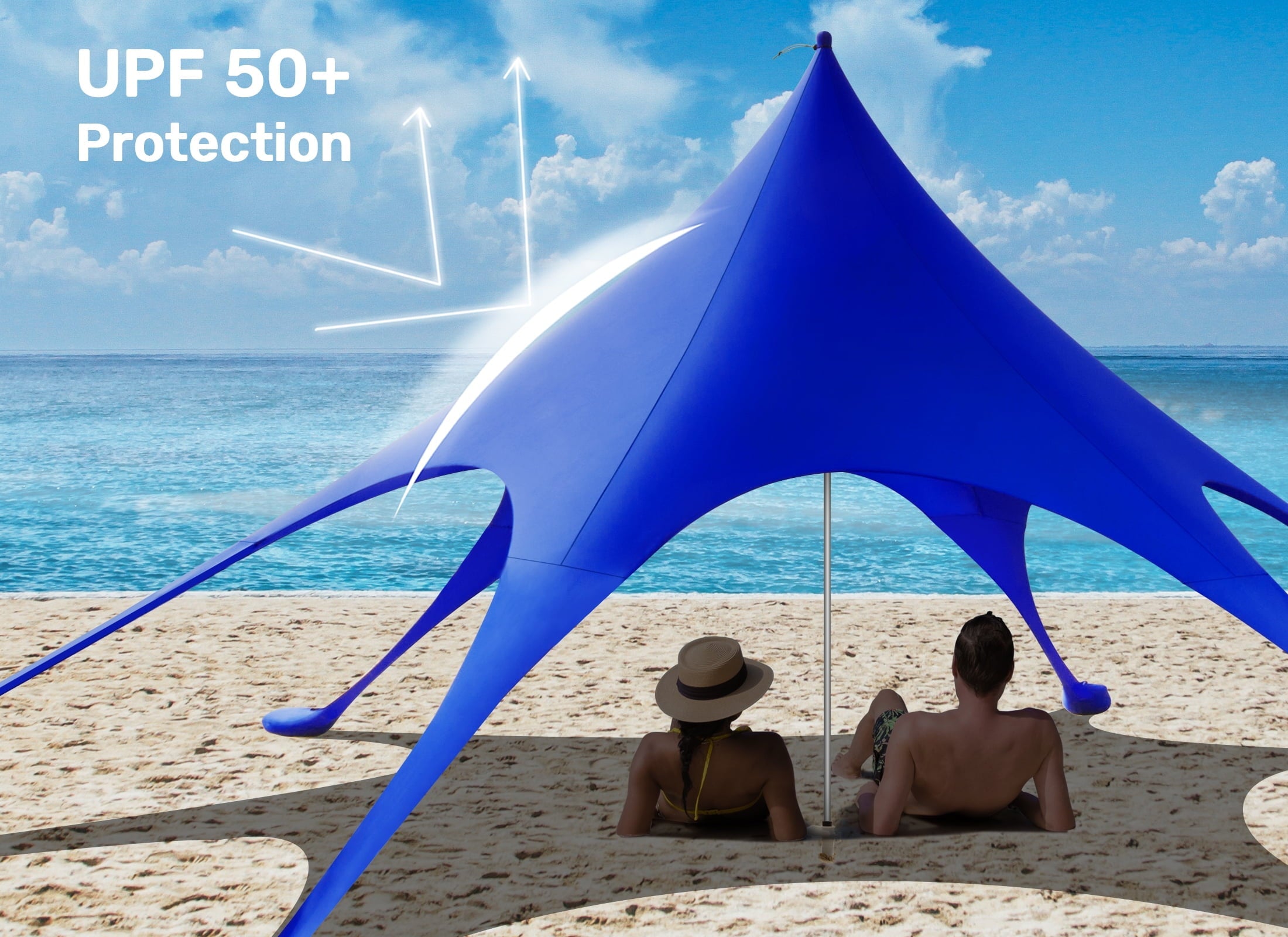Beach Canopy Tent Sun Shade, VECUKTY 12x12 FT Beach Tent Sun Shelter UPF 50+ UV Protection with Sandbags , 1 Stability Poles and Ground Pegs and Anti-Wind Ropes,Blue
