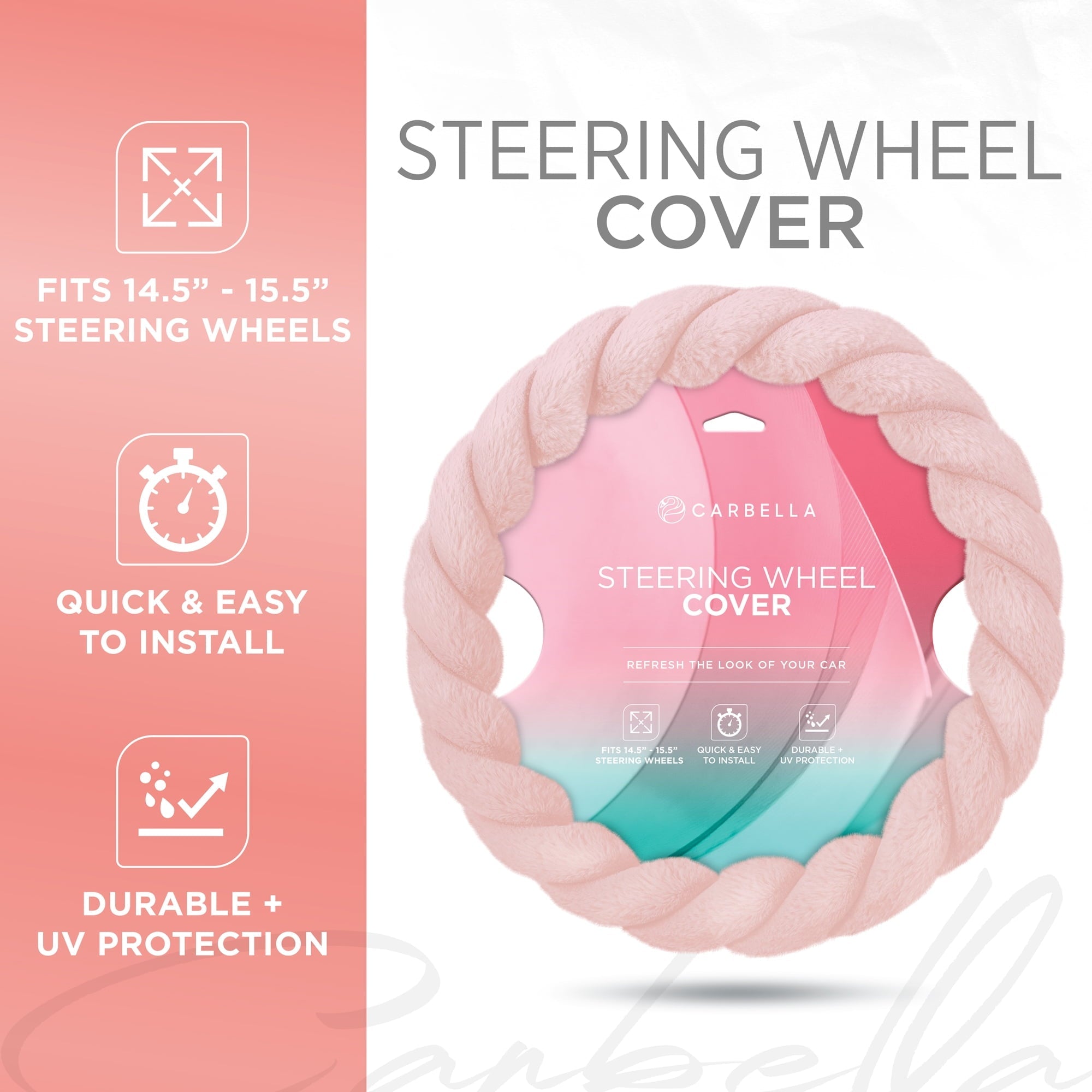 Carbella Twisted Fur Soft Pink Steering Wheel Cover, Standard 15 Inch Size Fits Most Vehicles, Fuzzy Fluffy Car Steering Cover with Soft Faux Fur Touch