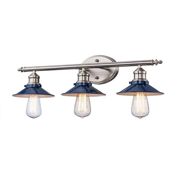 Glenhurst 25 in. 3-Light Industrial Farmhouse Cobalt and Brushed Nickel Bathroom Vanity Light Fixture with Metal Shades