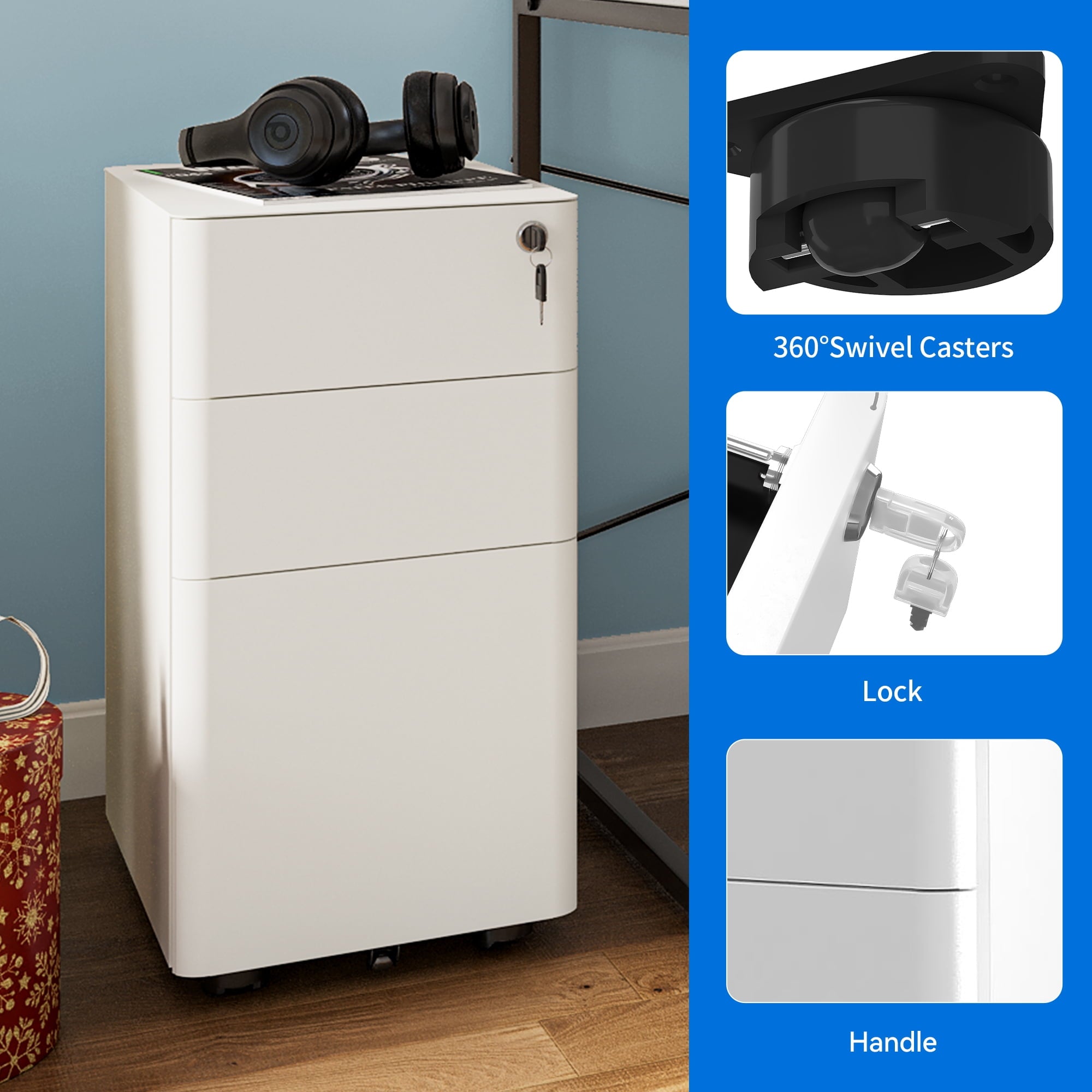 Dextrus Steel Rolling File Cabinet with Lock 3 Drawer Slim Document Organizer Office Furniture