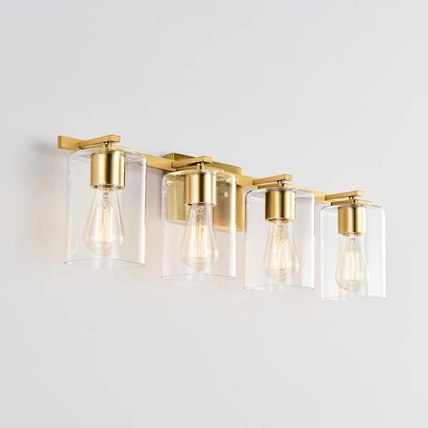 29 in. 4-Light Gold Bathroom Vanity Light with Rectangle Glass Shades