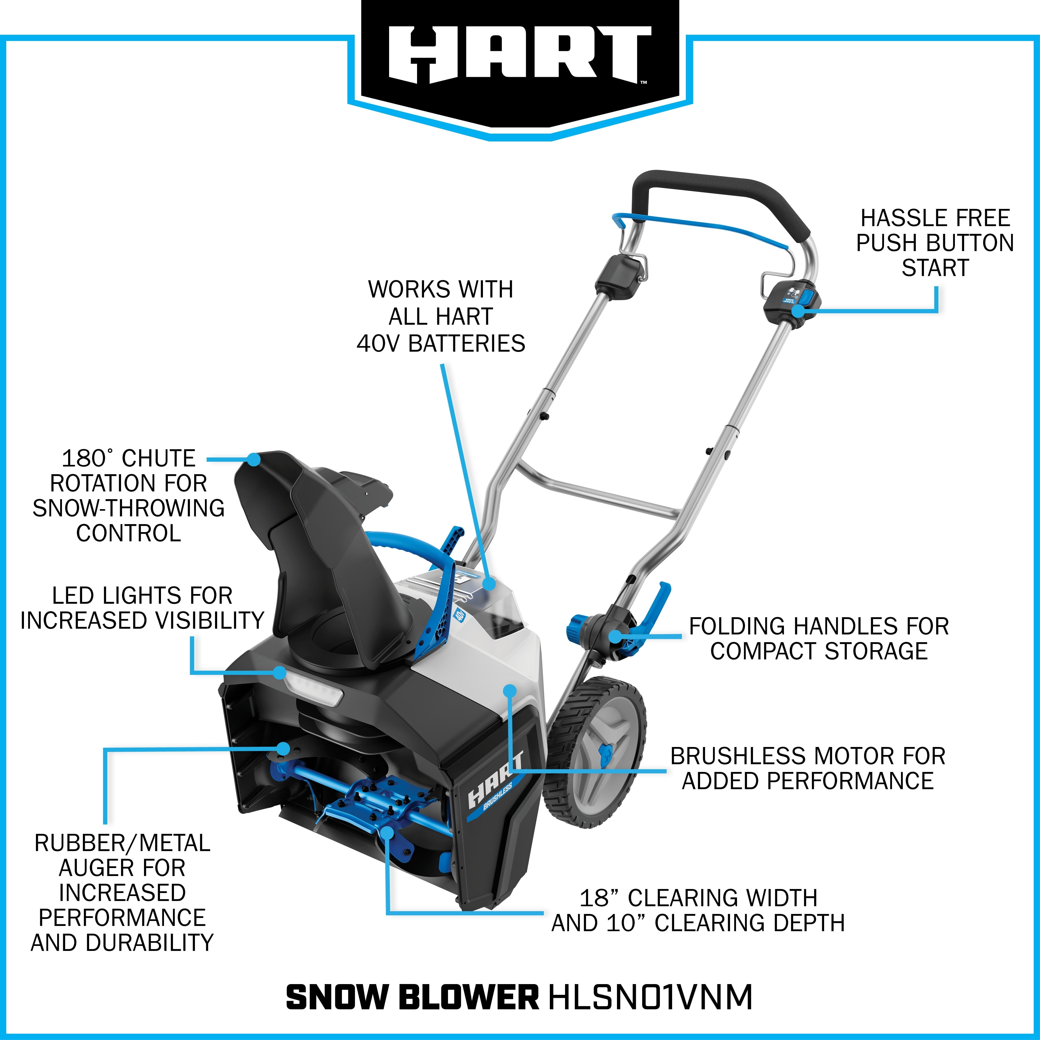 HART 40-Volt 18-inch Battery-Powered Brushless Snow Thrower Kit, (1) 6.0Ah Lithium-Ion Battery