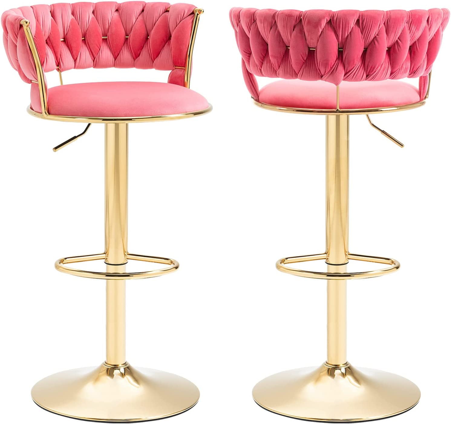KINFFICT Upholstered Adjustable Swivel Barstool Set of 2, Velvet Bar Height Bar Stools Counter Height Bar Stools, Pink