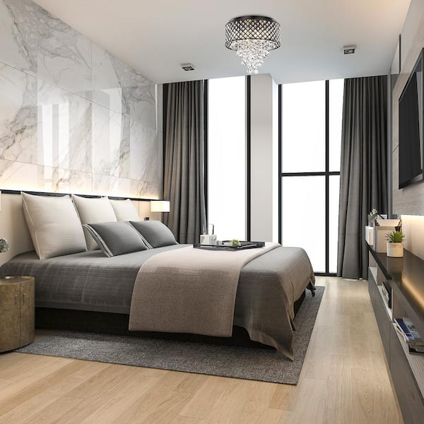 Alyvia 16 in. 4-Light Antique Black Glam Round Drum Flush Mount with Cascading Hanging Crystals