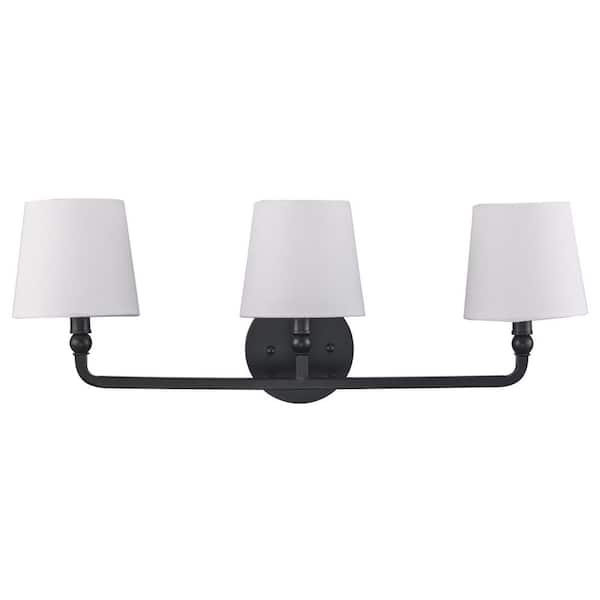 Canterwood 24.88 in. 3-Light Black Bathroom Vanity Light Fixture with Tapered Fabric Shades