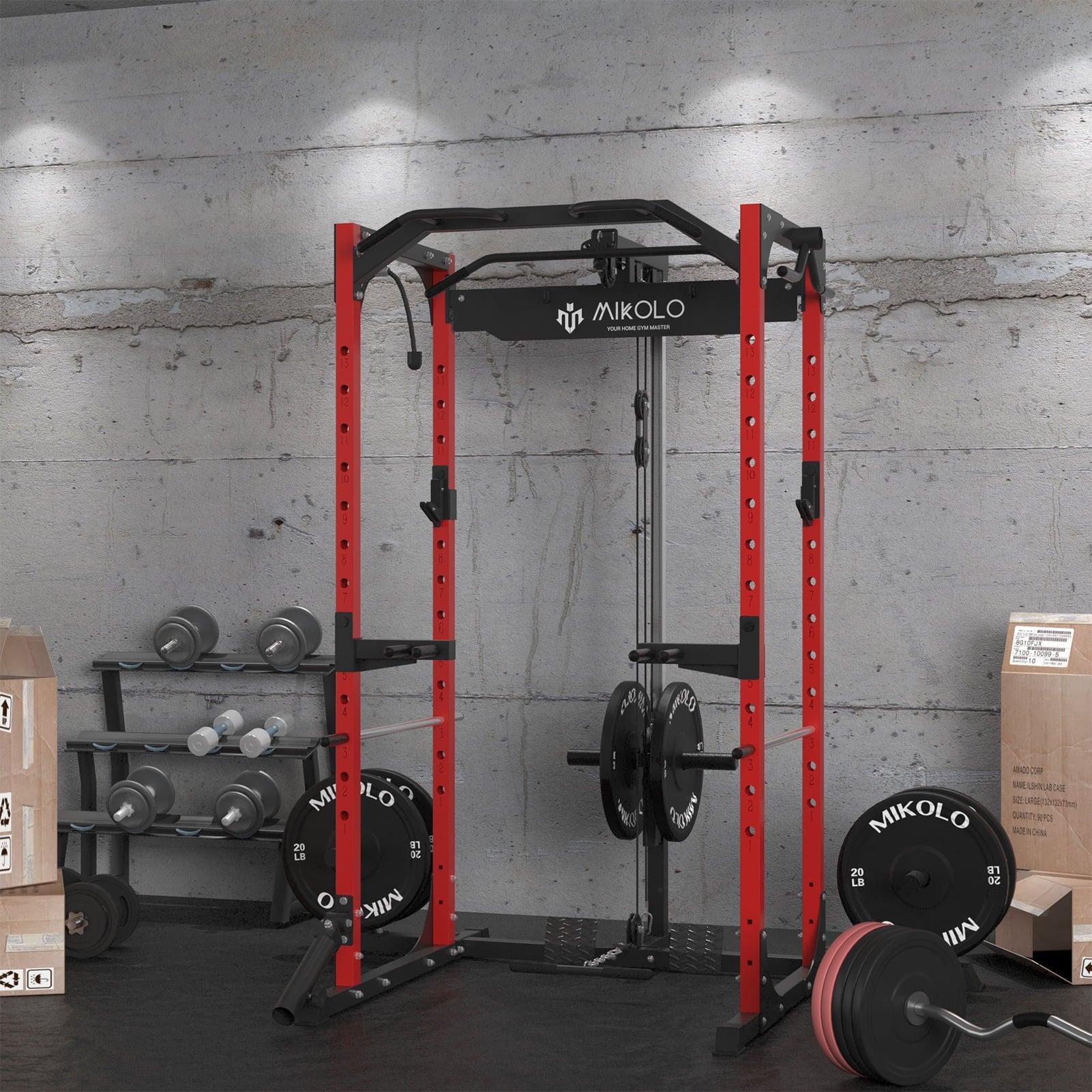 Mikolo Power Rack Cage with LAT Pulldown System,1200LBS Capacity Power Rack with 800 lbs Capacity Weight Bench Combo, Multi-Functional Squat Rack (Upgraded)