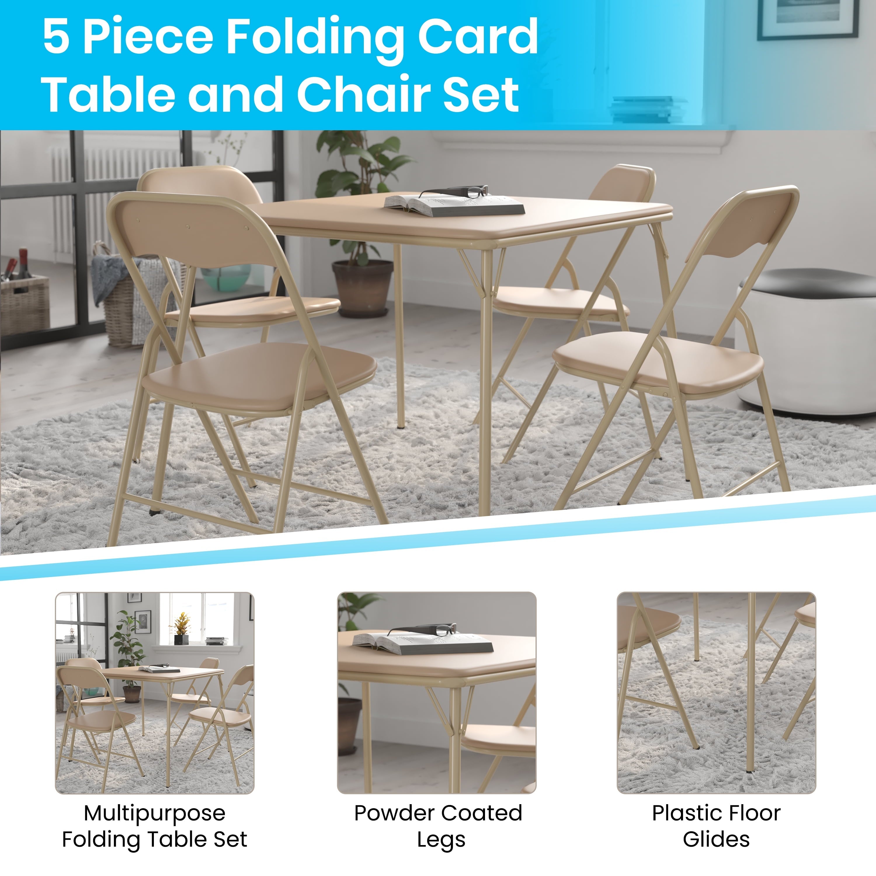 Emma + Oliver 5 Piece Tan Folding Card Game Table and Chair Set