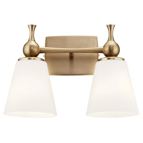 Cosabella 15 in. 2-Light Champagne Bronze Contemporary Bathroom Vanity Light with Satin Etched Cased Opal Glass
