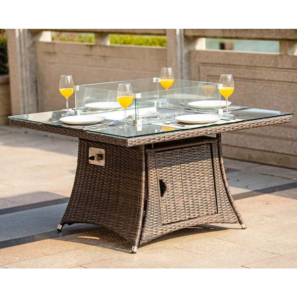 Turnbury 47 in. x 27 in. Square Stainless Steel Propane Gas Fire Pit Table in Brown Wicker with Tempered Glass Surround