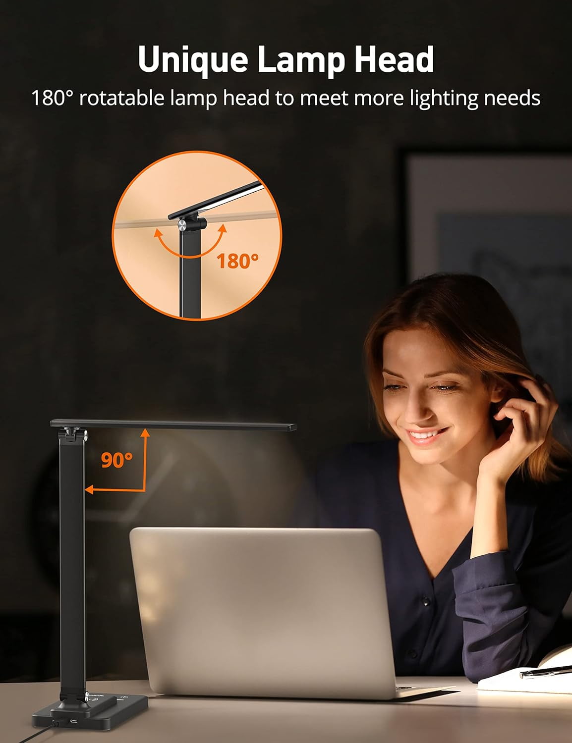 TaoTronics Desk Lamp, Reading Light with Wireless Charger, Dimmable Lamp with 5 Lighting Modes 5 Brightness Levels,60 Min Timer & Touch Control, LED Lights for Bedroom, Black