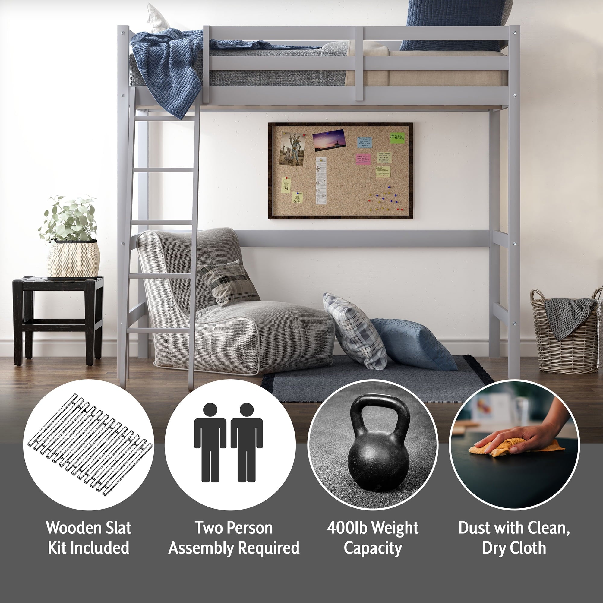 Hillsdale Campbell Wood Full Loft Bunk Bed with Ladder, up to 350 lbs Capacity, Gray