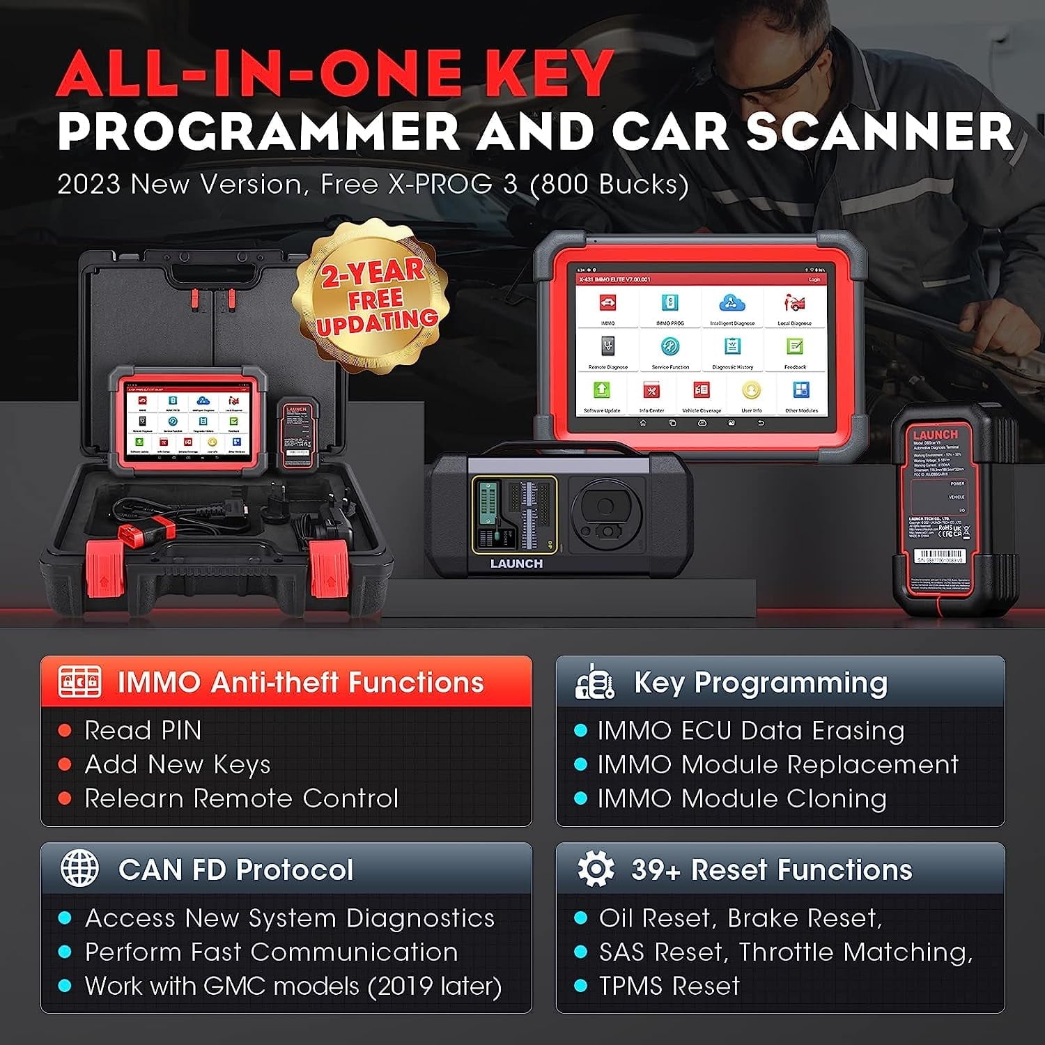 LAUNCH X431 IMMO Elite Key Programming Car Diagnostic Scan Tool with X-PROG3 Key Programmer, ECU Clone/match, CANFD&DOIP, 39+ Services  2 Years Free Update