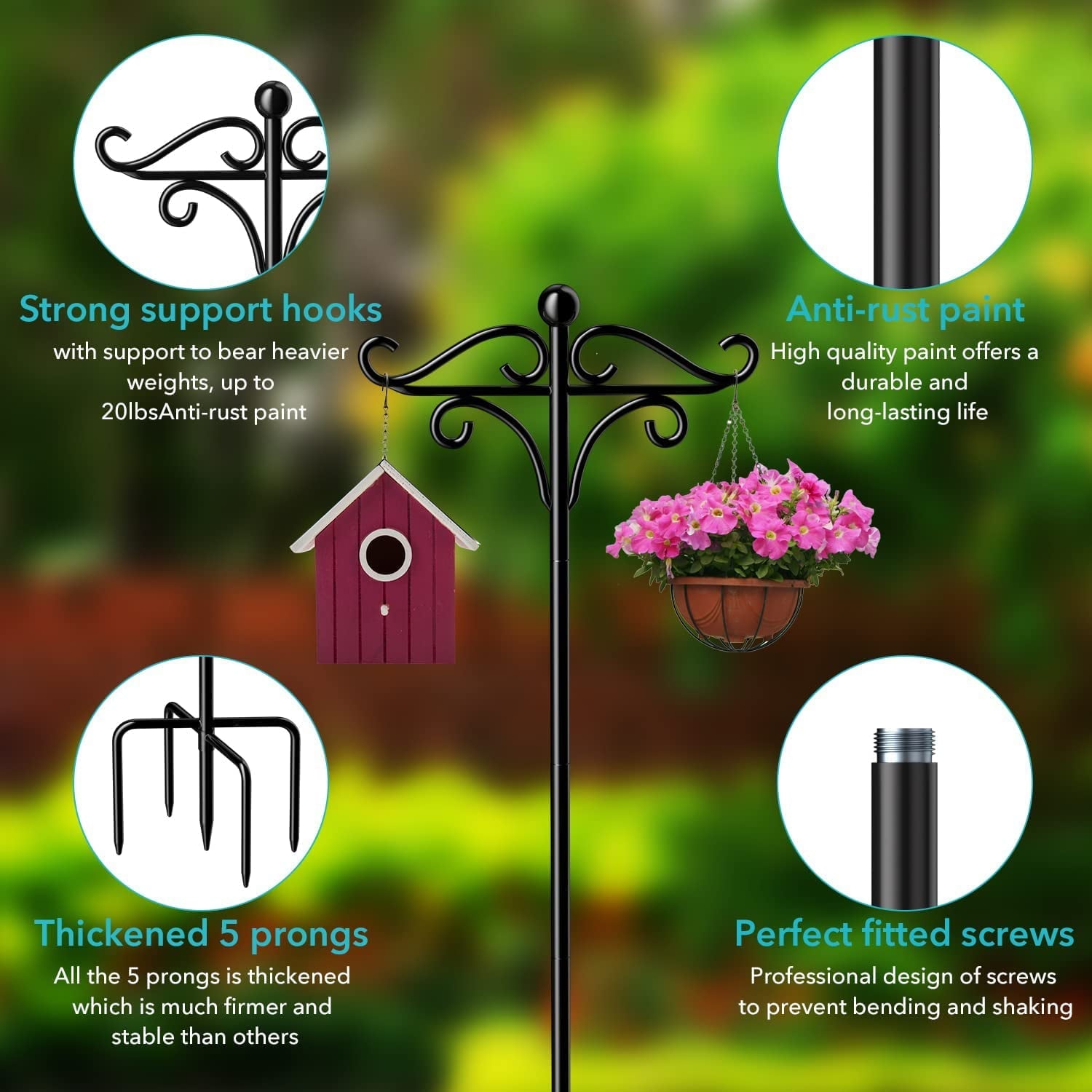 Shepherds Hooks for Outdoor, 2 Pack 75 Inch Bird Feeder Pole with 5 Prongs Base, Heavy Duty Garden Hook for Hanging Plant, Lantern, Hummingbird Feeder(2 Pack)