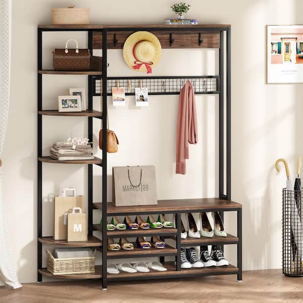 Carmalita 47.24''Lx15.74''Dx71.25''H Brown Coat Rack Shoe Bench 6-in-1 Hall Tree Shoe Storage Shelves Closet Organizer