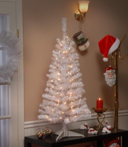 4-Foot Pre-Lit White Tinsel Christmas Tree with White Lights, Includes Stand