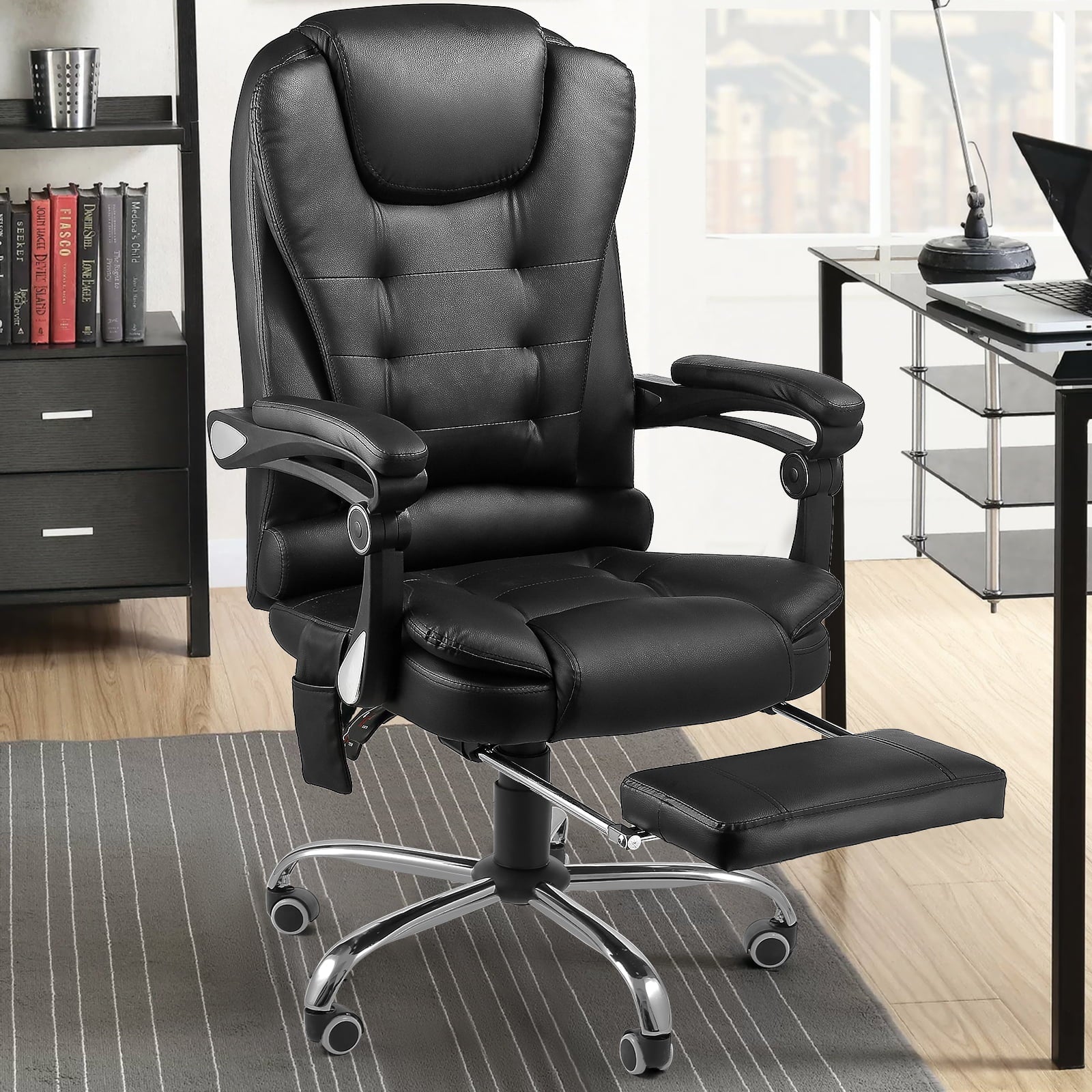 YODOLLA Ergonomic Office Chair with Heated 7 Points Massage Retractable Footrest, High Back Swivel Leather Chair Big and Tall Heated Reclining Office Chair, Black