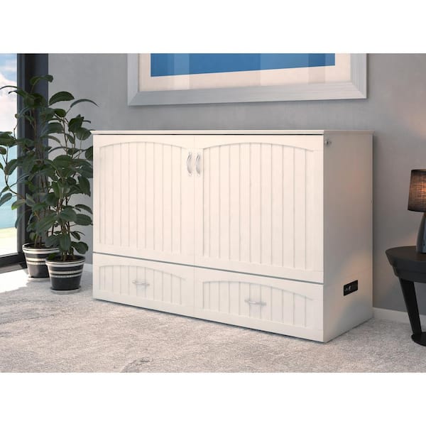 Aspen White Queen Wood Murphy Bed Chest with Mattress, Storage and Built-in Charging