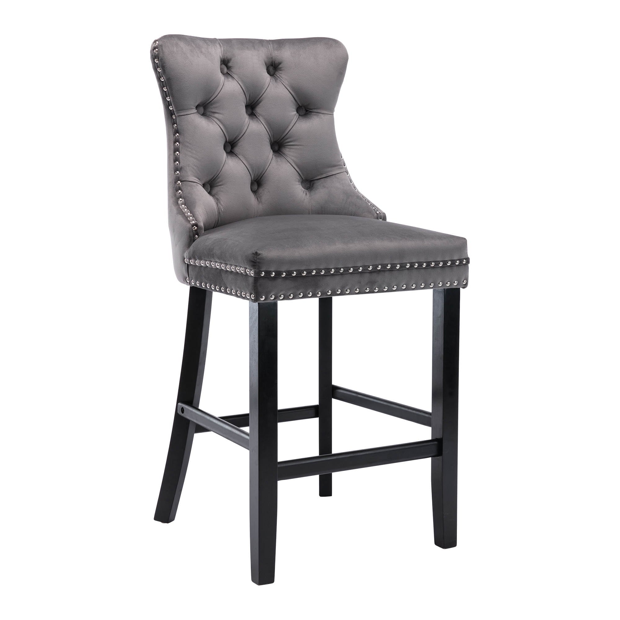 Velvet Bar Stools Set of 2, Upholstered Counter Height Bar Chair with Rivet and Button Trim, Bar Stool with Back and Footrest, for Dining Room, Kitchen, Pub, Gray