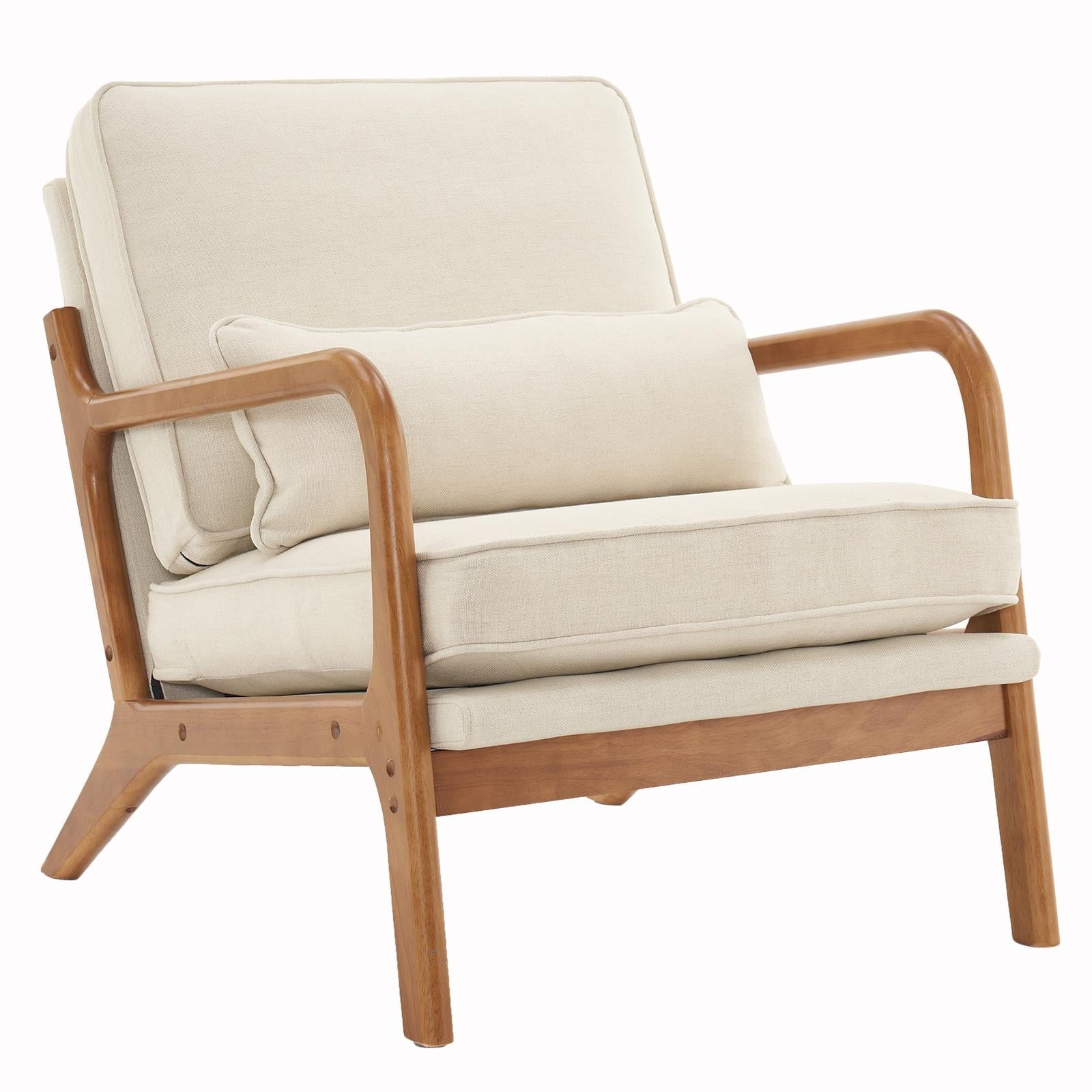 Ktaxon Mid Century Modern Accent Chair, Linen Fabric Armchair with Solid Wood Frame Beige