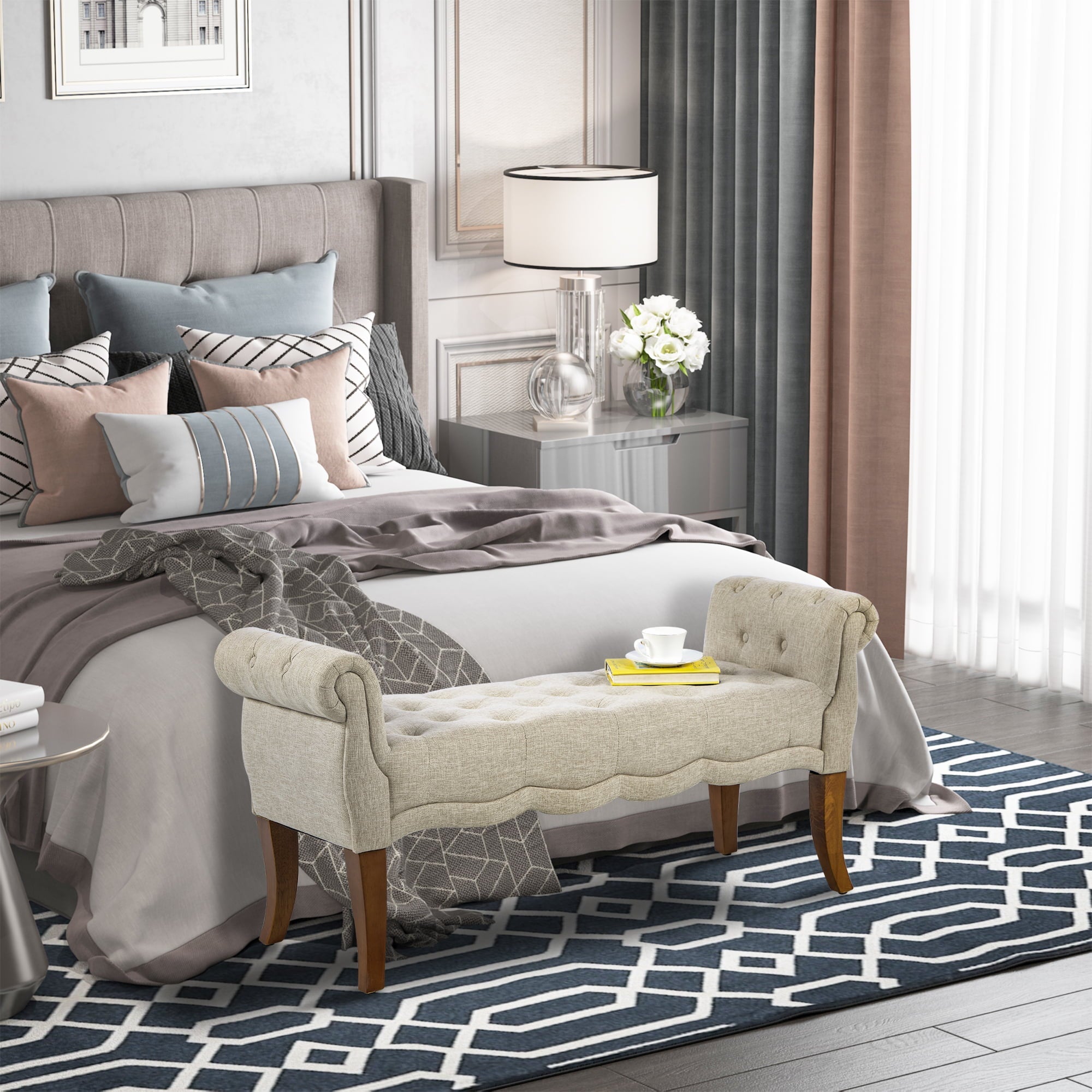 HOMCOM Traditional Style End of Bed Bench, Upholstered Entryway Bench with Button Tufted and Rounded Arm, Beige