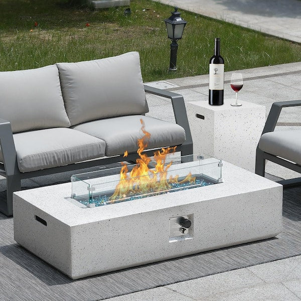 56 in. 50000 BTU Large White Rectangle Composite GRFC Fire Pit Table with Glass Wind Guard and Water-Resistent Cover