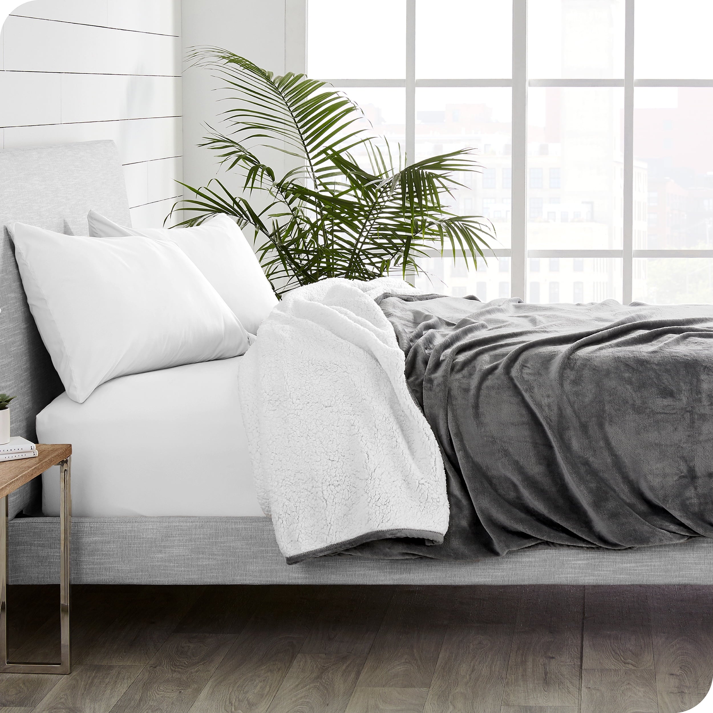 Bare Home Plush Sherpa Bed Blanket - Fluffy & Soft - Reversible - Lightweight - Full/Queen, Gray