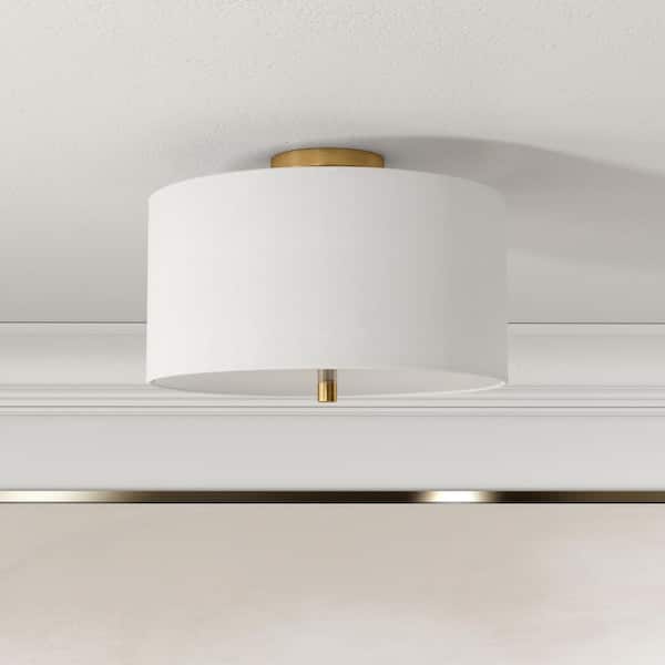 Ellis 16 in. Brass and White Semi Flush Mount with Fabric Shade
