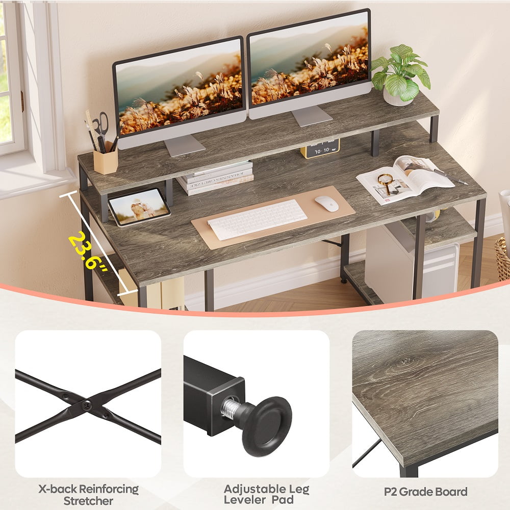 Bestier 55 inch Computer Desk with Monitor Shelf Home Office Desk Grey