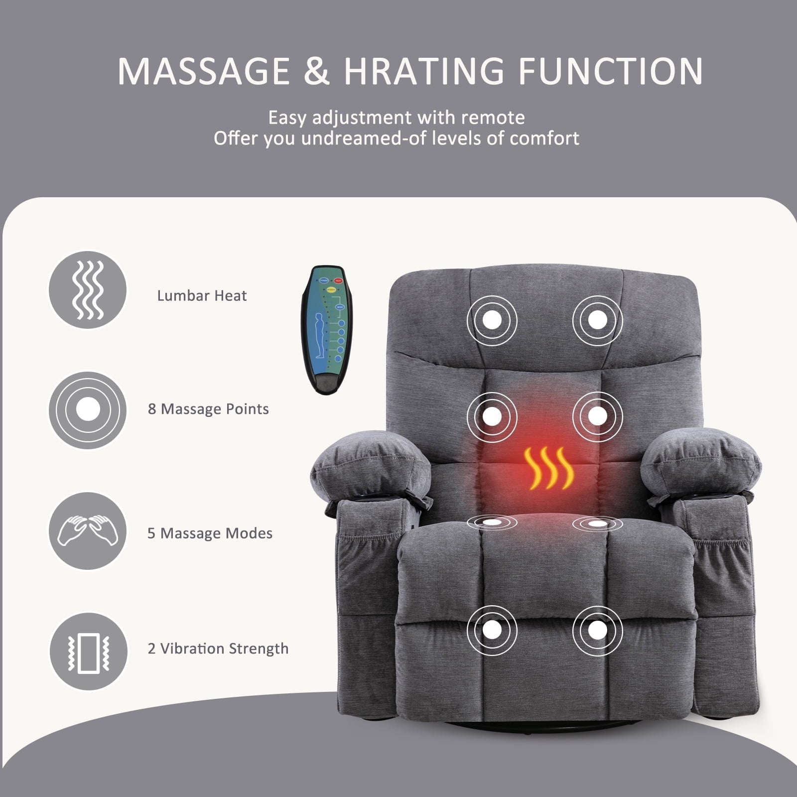 JONPONY Massage Rocker Recliner Chair, Stainless steel, Grey