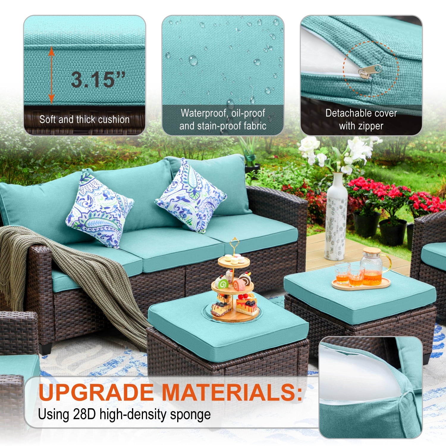 MF Studio 7-Seat Outdoor Patio Conversation Set Wicker Furniture Sofa Set Blue