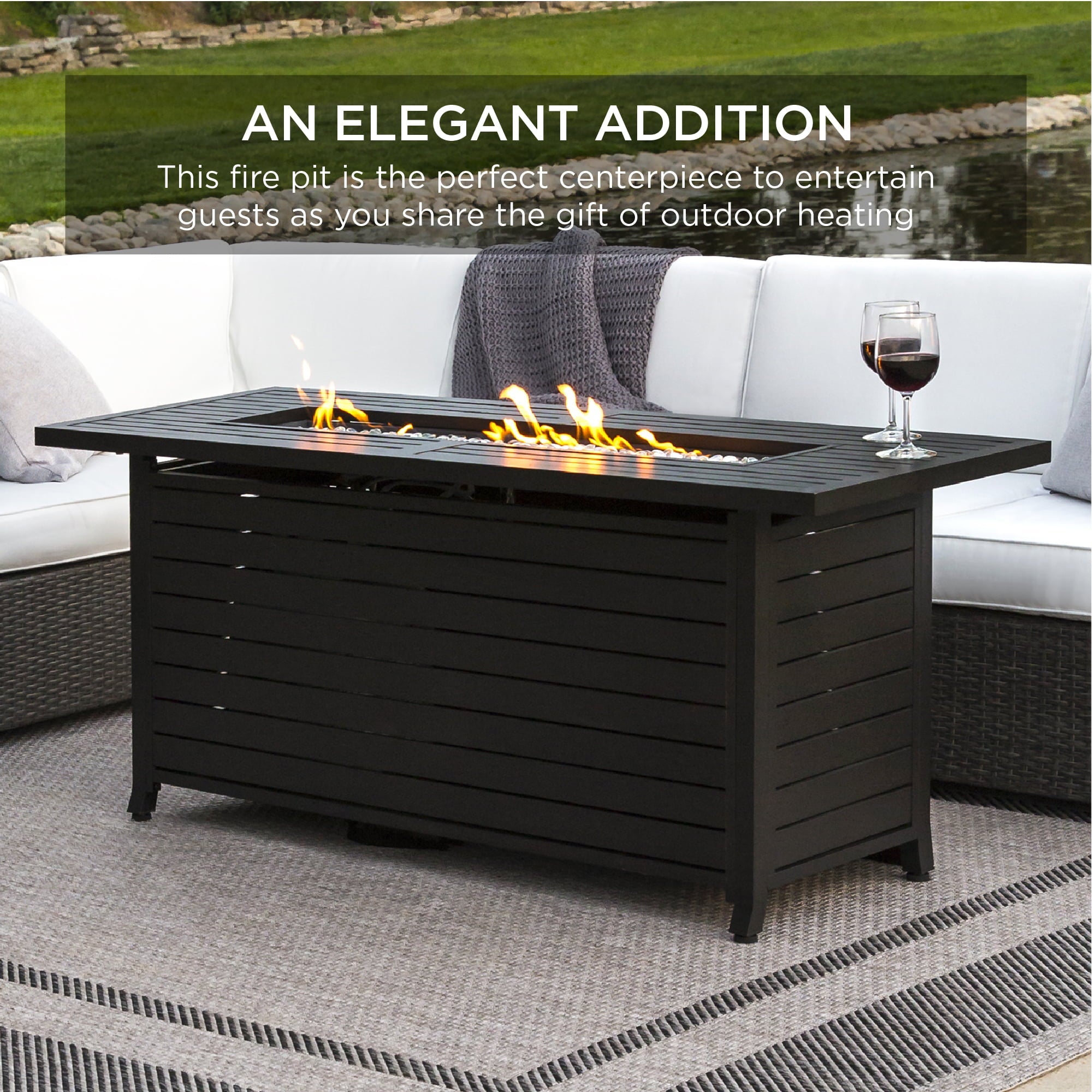 Best Choice Products 57in 50,000 BTU Rectangular Propane Aluminum Gas Fire Pit Table w/ Cover, Glass Beads - Dark Brown