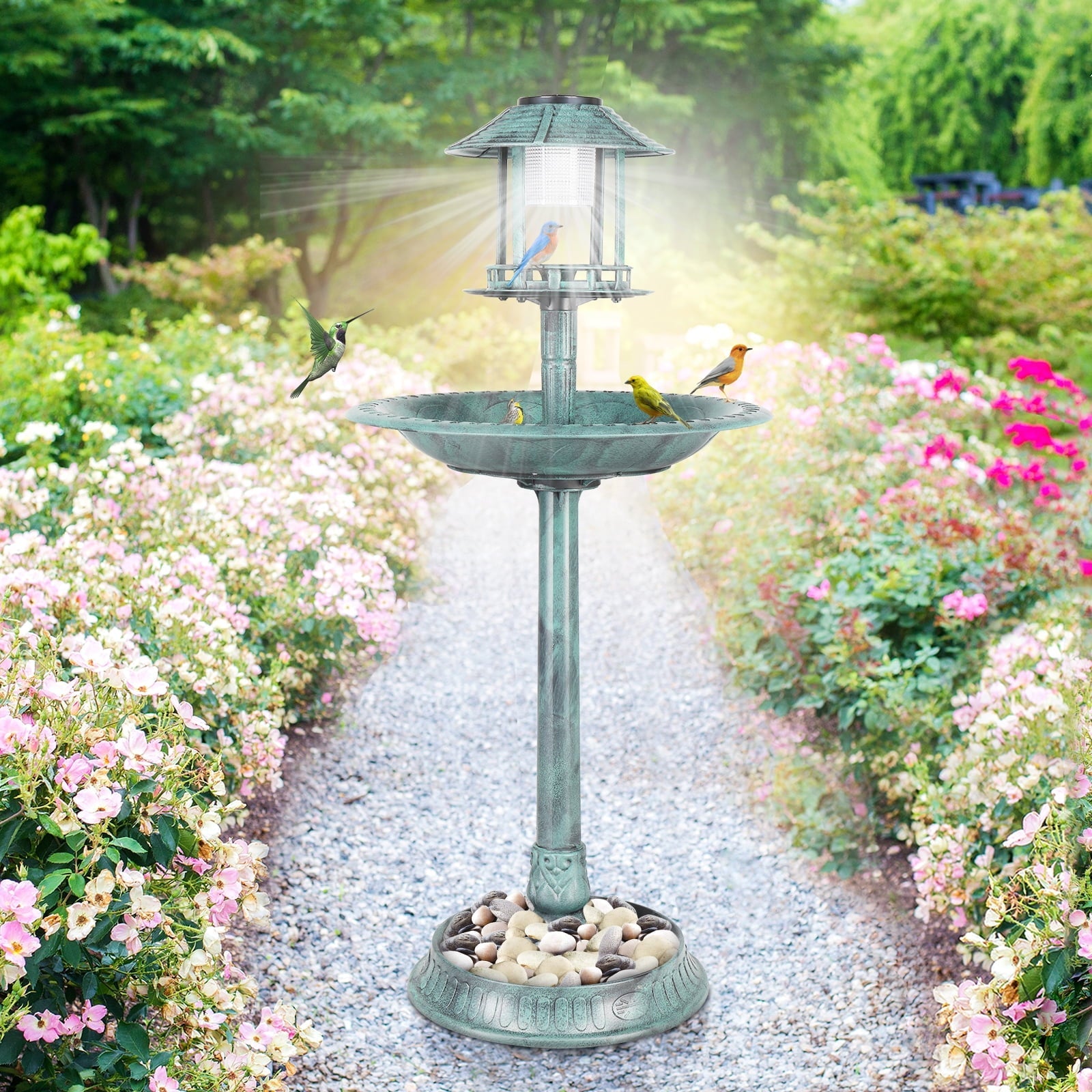 SamyoHome Wild Bird Bath Resin Pedestal Birdbaths with Solar Light Dark Green