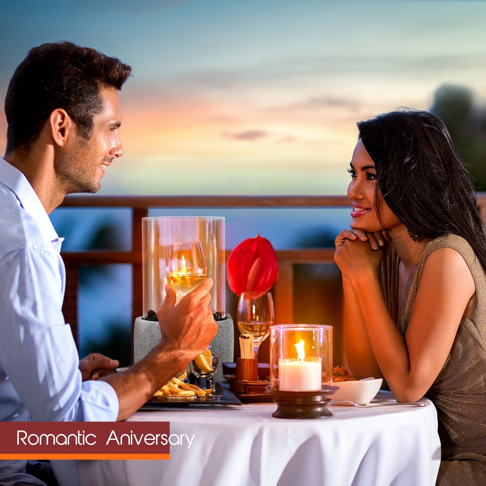 TACKLIFE Tabletop Fire Pit, Tabletop Fireplace with Glass Stone, Concrete Material and Windproof Glass Cover - FP1