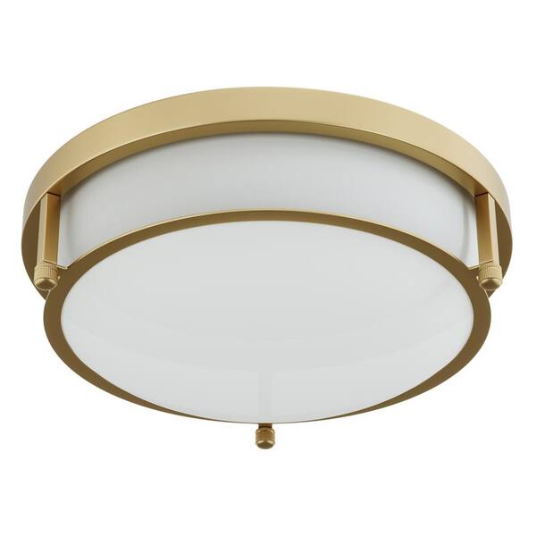 13 in. 2-Light Industrial Gold Flush Mount Farmhouse Close to Ceiling Light Fixture with White Glass Shade