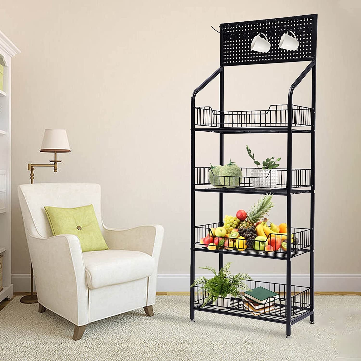 Miumaeov 4 tier Bakers Rack with 5 Metal Hooks,Standing Shelf Units Steel Wire Shelving Metal Steel Heavy Duty Standing Shelf Standing Baker's Racks