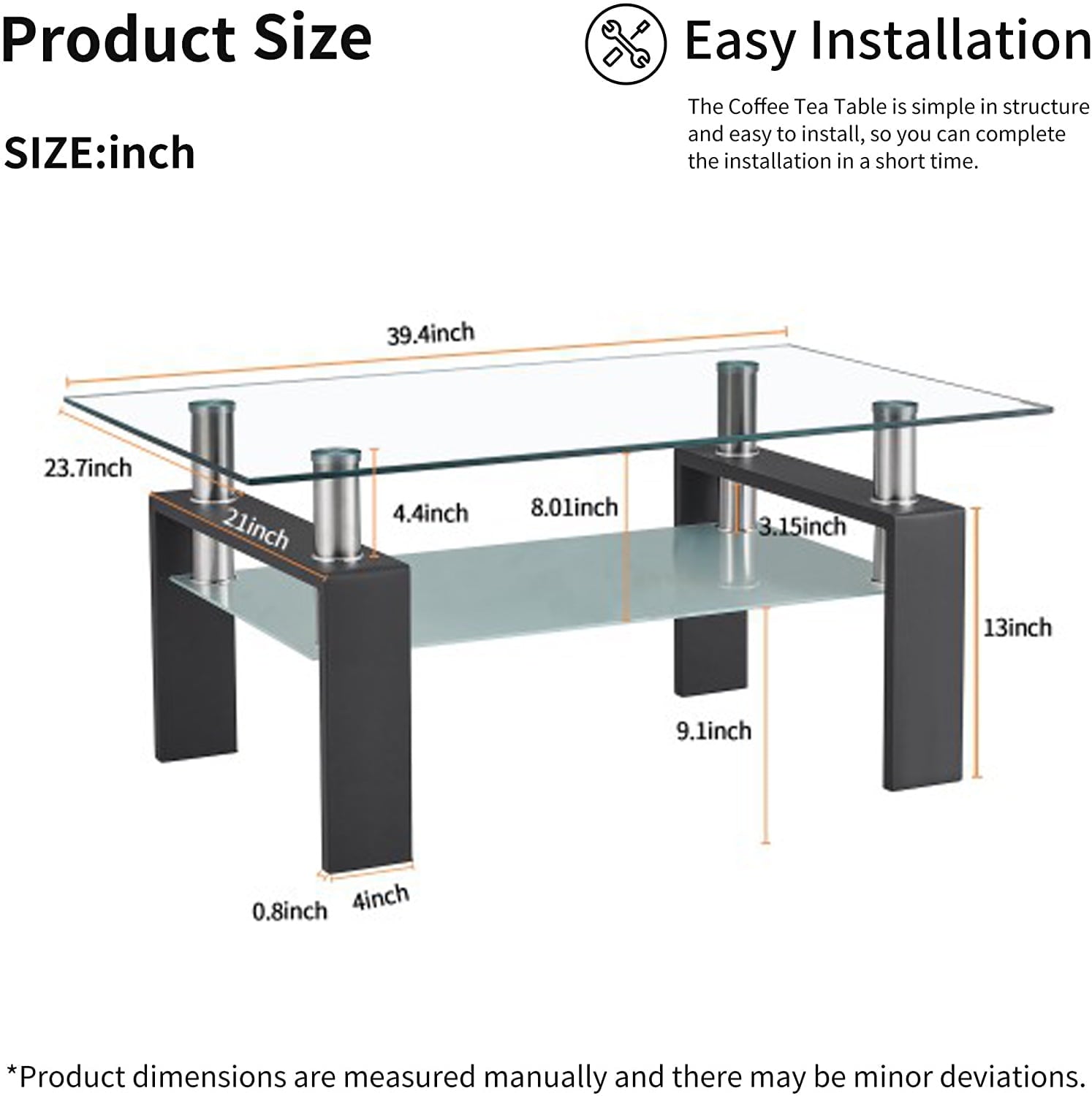 Glass Coffee Table with Lower Shelf, Clear Rectangle Glass Coffee Table, Modern Coffee Table with Metal Legs, Rectangle Center Table Sofa Table Home Furniture for Living Room, L5509