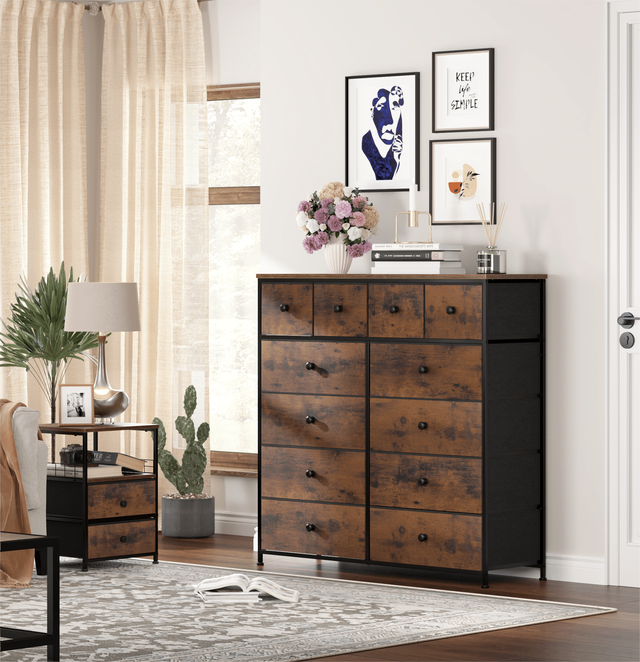 EnHomee Dressers for Bedroom Dresser with 12 Fabric Drawers,Bedroom Furniture Large Dressers&Chests of Drawers with Wood Top Metal Frame, 8+4Drawers Rustic Brown