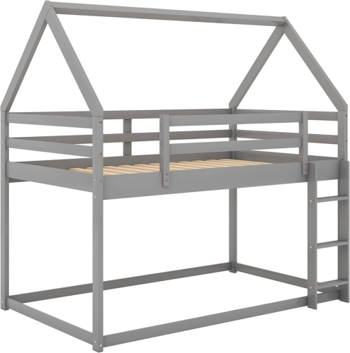 Twin over House Bunk Bed with Safety Guardrail and Ladder, Wood Loft Frame Roof