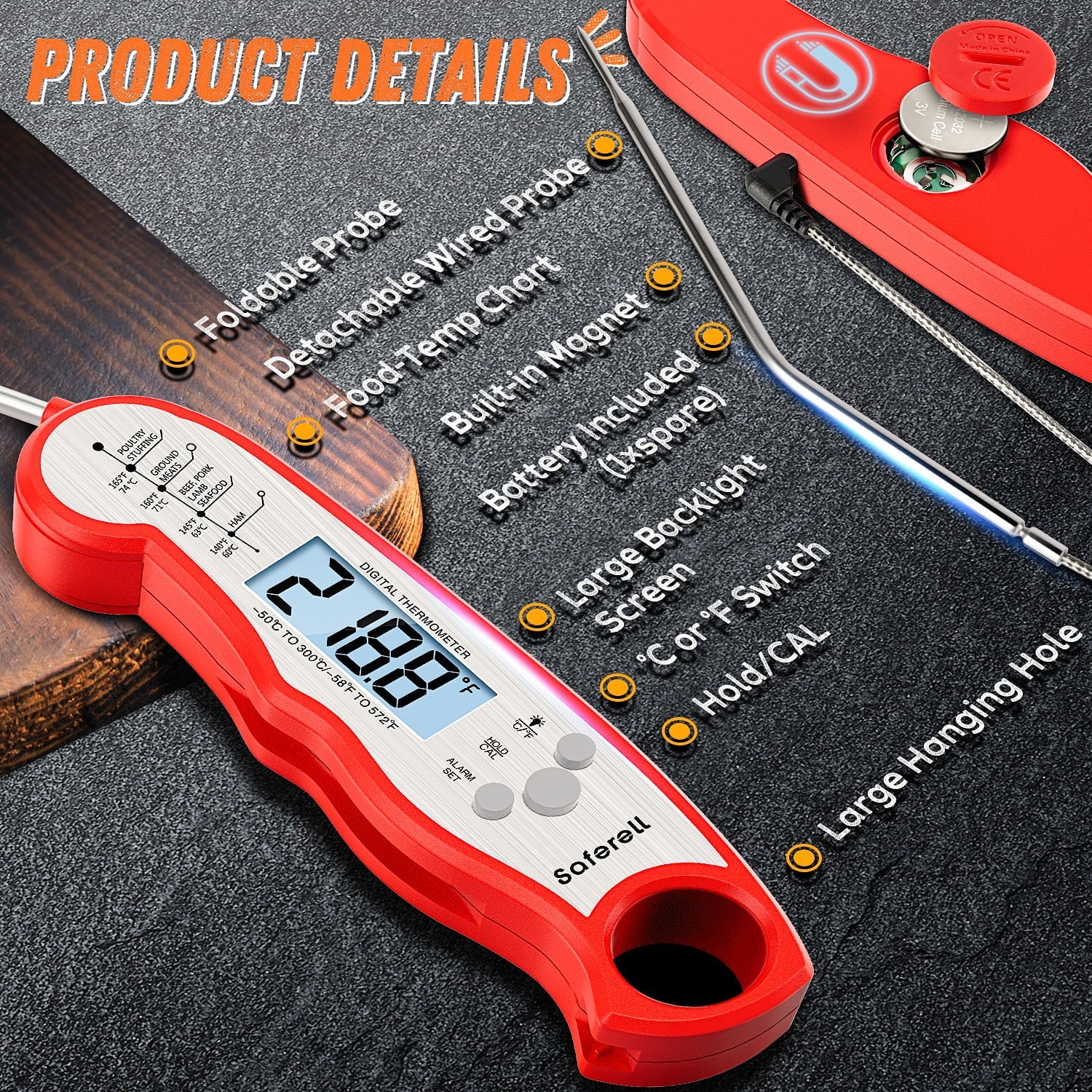 Meat Thermometer for Cooking, Saferell 2-in-1 Instant Read Food Thermometer with Foldable Probe & Oven Safe Wired Probe, Backlight, and Magnet for Deep Fry, BBQ, Grill and Roast Turkey