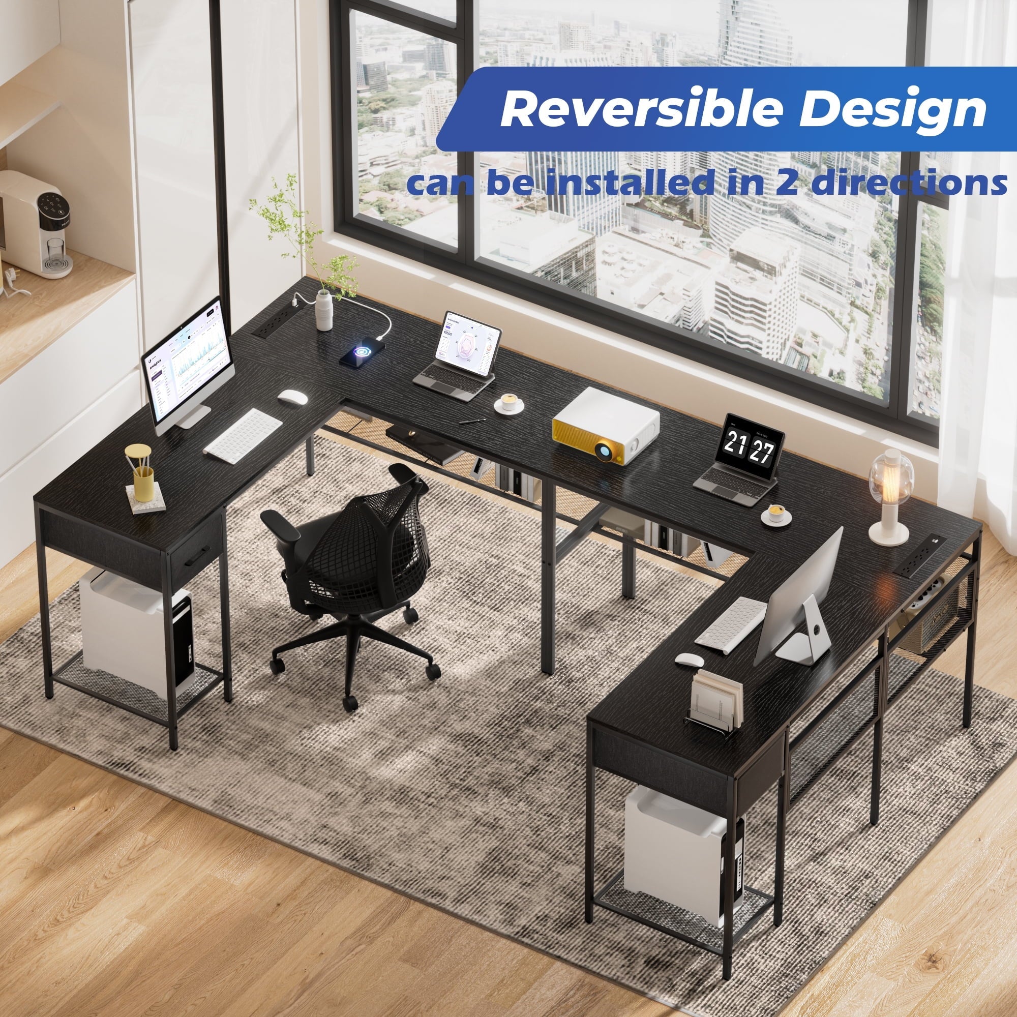 SUPERJARE L Shaped Desk with Power Outlets, Reversible Computer Desk with Storage Shelves & Drawer, Corner Laptops Home Office Desk, Workstation, Black