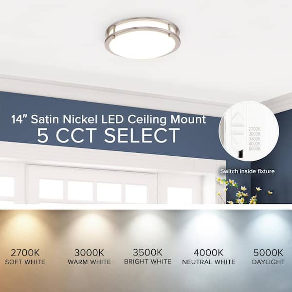 14 in. Satin Nickel LED Ceiling Mount Fixture, 5 CCT 2700K-5000K, 2100 Lumens, Dimmable