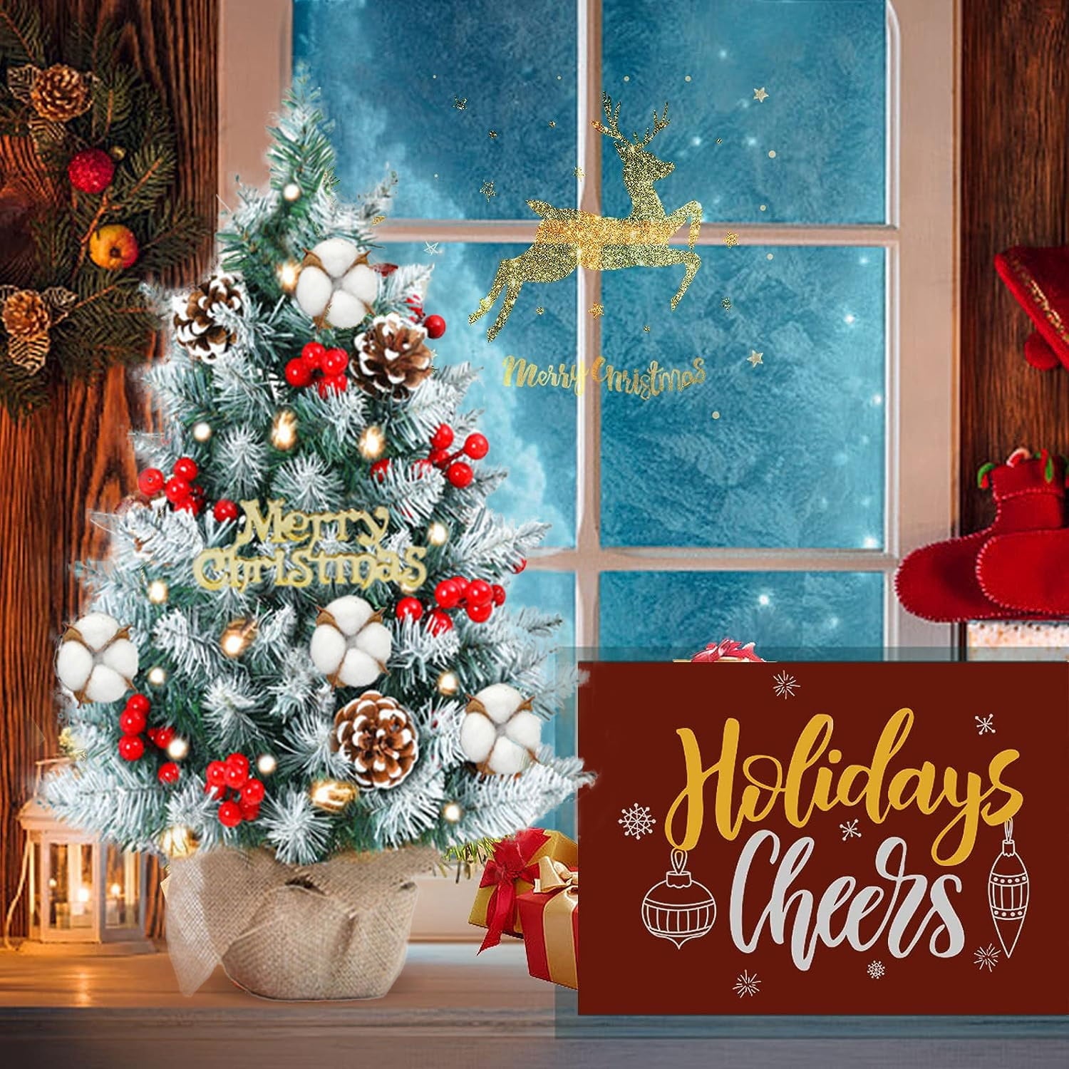 Melliful 24-inch Tabletop Christmas Tree, Lighted Artificial Snowy Xmas Tree for Indoor Outdoor Christmas Holiday Decor