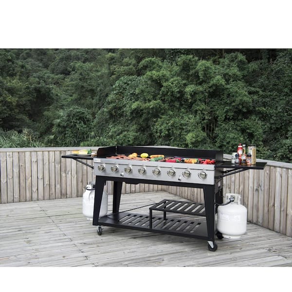 8-Burner Event Propane Gas Grill in Black with 2 Folding Side Tables with Cover