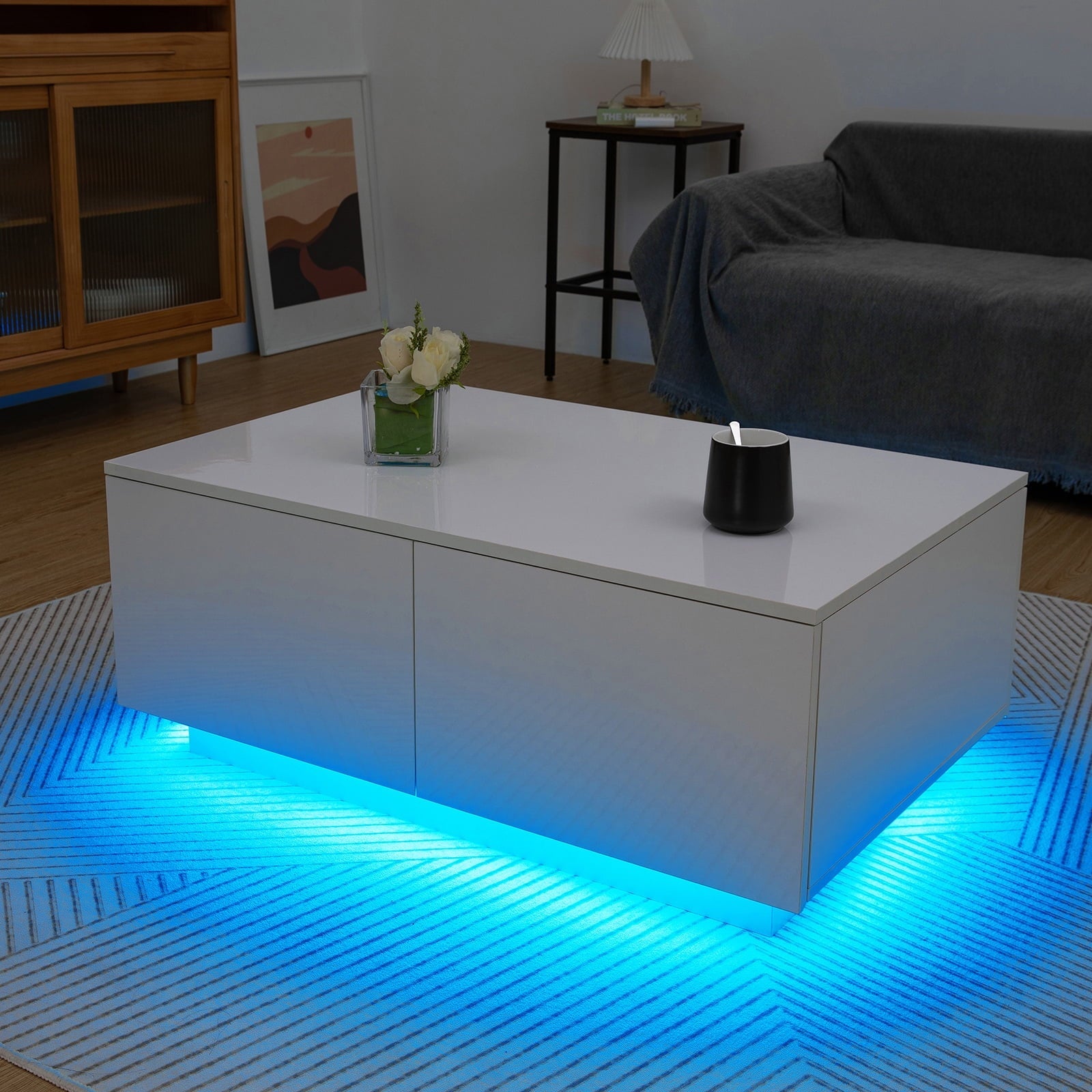 Hommpa Rectangular Coffee Table with LED Lights Tea Tables with 4 Drawers High Gloss Modern Living Room Furniture White Finish Sofa Side Table 37.4 x 23.6 x 15.4 Inches