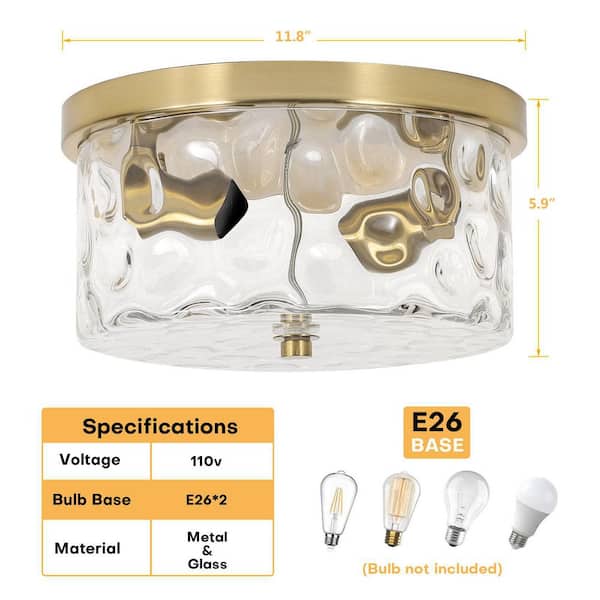 12 in. 2-Light Brass Gold Flush Mount Ceiling Light with Water Rippled Glass Shade