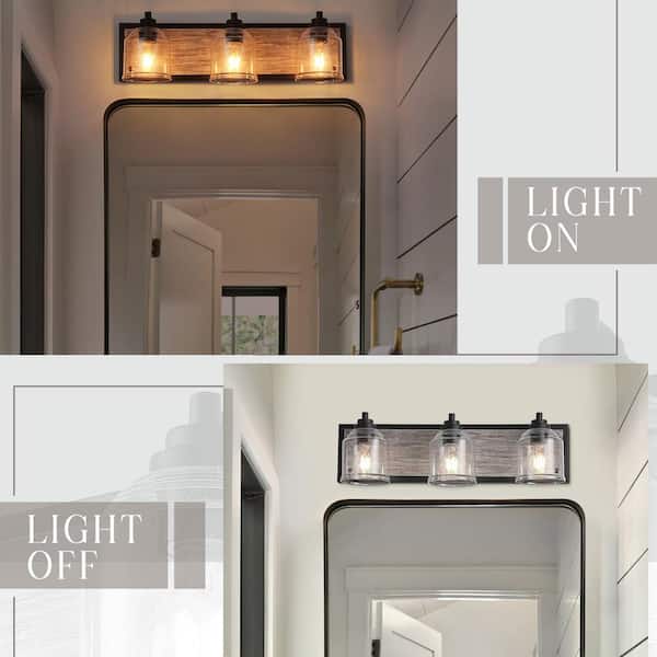 Modern 23 in. 3-Lights Black Bathroom Vanity Light, Farmhouse Wood Grain Wall Sconce with Clear Seeded Glass Shades